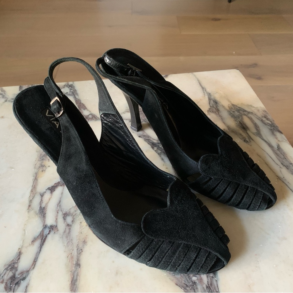 Via Spiga Black Suede Leather Heart Slingback Heels
